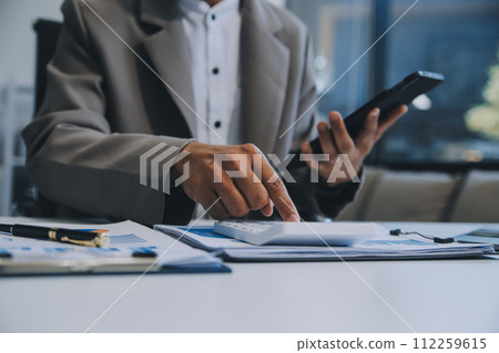 Office, tablet and business man happy for positive financial savings, finance budget report or administration feedback. Growth analytics, data analysis review and person smile for research statistics 112259615