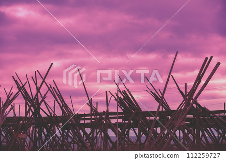 Wooden rack for air-drying fish against purple sunset sky. Fishing village, Lofoten Islands, Norway 112259727
