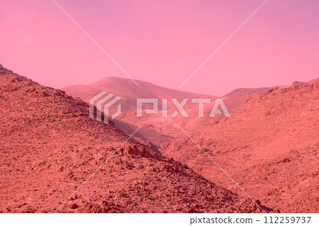 Mountain desert in trendy pacific pink color. Negev desert in Israel at sunset Mountain desert in trendy pacific pink color. Negev desert in Israel at sunset 112259737