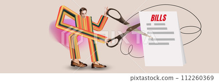 Banner. Contemporary art collage. Man in painted formal suit with long arms and legs cutting bills with scissors. Banner. Contemporary art collage. Man in painted formal suit with long arms and legs cutting bills with scissors. 112260369
