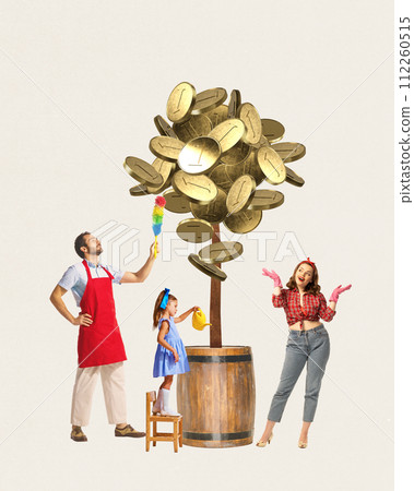 Family, man, woman with child watering and dusting coin tree. Advertisement for family-oriented investment planning services. 112260515
