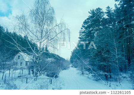 Village in the forest in snowy winter 112261105