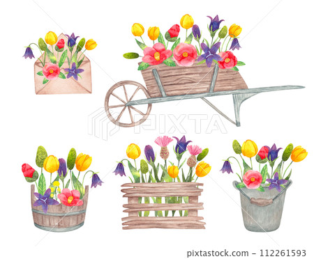 Collection of wooden objects with flowers.Watercolor illustration. Spring botanical clip art for Easter.Hand drawn isolated art.Seasonal decoration with tulips, camellia,thistles and bluebells 112261593