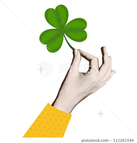 Vintage halftone collage hand holding clover leaf. Female torn out paper arm with green shamrock, luck and success symbol. Vector cartoon realistic illustration isolated. St. Patrick banner template Vintage halftone collage hand holding clover leaf. Female torn out paper arm with green shamrock, luck and success symbol. Vector cartoon realistic illustration isolated. St. Patrick banner template 112261594