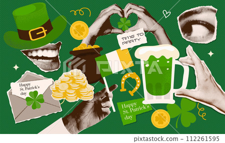 Collage of halftone paper stickers of St. Patrick's Day holiday on green background. Groovy elements in trendy psychedelic y2k sticker style. Mouth, eye, hands dotted elements. Vector illustration. Collage of halftone paper stickers of St. Patrick's Day holiday on green background. Groovy elements in trendy psychedelic y2k sticker style. Mouth, eye, hands dotted elements. Vector illustration. 112261595