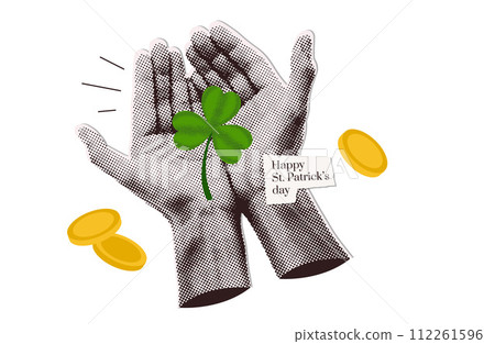 Textured Clover leaf in halftone paper hands. Torn out elements in trendy y2k collage style. 00s retro aesthetic. Saint Patrick halftone concept. Vector illustration Textured Clover leaf in halftone paper hands. Torn out elements in trendy y2k collage style. 00s retro aesthetic. Saint Patrick halftone concept. Vector illustration 112261596