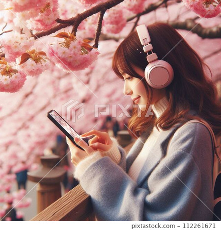 一位女士在觀賞櫻花時玩智慧型手機 112261671
