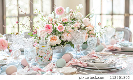 Easter tablescape decoration, floral holiday table decor for family celebration, spring flowers, Easter eggs, Easter bunny and vintage dinnerware, English country and home styling 112261805