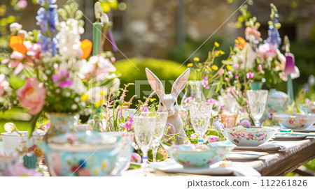 Easter tablescape decoration, floral holiday table decor for family celebration, spring flowers, Easter eggs, Easter bunny and vintage dinnerware, English country and home styling 112261826