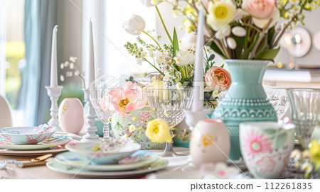 Easter tablescape decoration, floral holiday table decor for family celebration, spring flowers, Easter eggs, Easter bunny and vintage dinnerware, English country and home styling 112261835