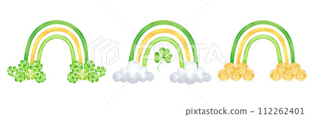 Collection of rainbows with clouds and shamrocks, gold coins for St. Patrick's Day. Illustration with watercolors. Yellow green pictures with clover. Isolated image for postcard, flyer, sticker 112262401