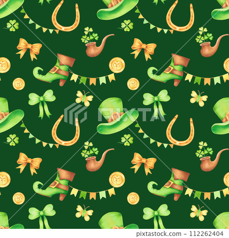 Seamless pattern with top hat, golden horseshoe and coin, clover, boot and pipe for St. Patrick's Day. Watercolor illustration. Hand drawn on a green background. Symbol of luck, wealth or success Seamless pattern with top hat, golden horseshoe and coin, clover, boot and pipe for St. Patrick's Day. Watercolor illustration. Hand drawn on a green background. Symbol of luck, wealth or success 112262404