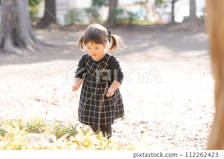 可愛的孩子在秋天的公園玩耍 可愛的孩子在秋天的公園玩耍 112262423