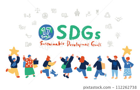 Illustration of people holding hands and letters imagining SDGs 112262738