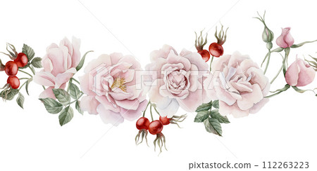 Horizontal seamless border of pink rose hip flowers, buds, leaves and berries. Victorian style rose. Floral watercolor illustration hand painted isolated on white background. Perfect for invitation, g Horizontal seamless border of pink rose hip flowers, buds, leaves and berries. Victorian style rose. Floral watercolor illustration hand painted isolated on white background. Perfect for invitation, g 112263223