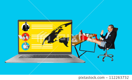 Contemporary art collage. Businessman sitting with his feet up beside laptop displaying world map and various communication icons. 112263732