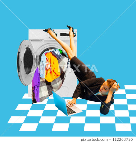 Contemporary art collage. Woman in business suit using laptop, legs up in air, merging with open washing machine. 112263750