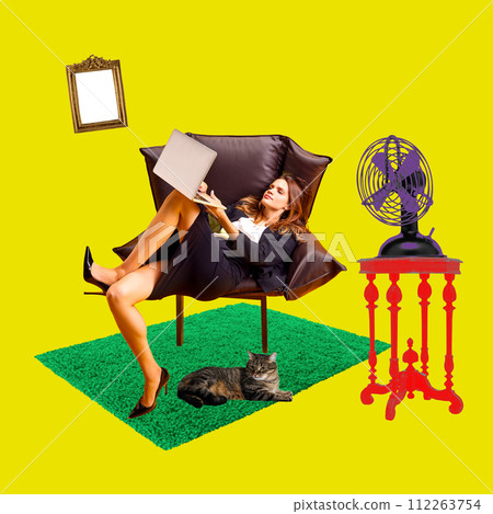 Contemporary art collage. Young woman sitting in comfy armchair with laptop while cat lying on floor near her. Employee working from home. 112263754