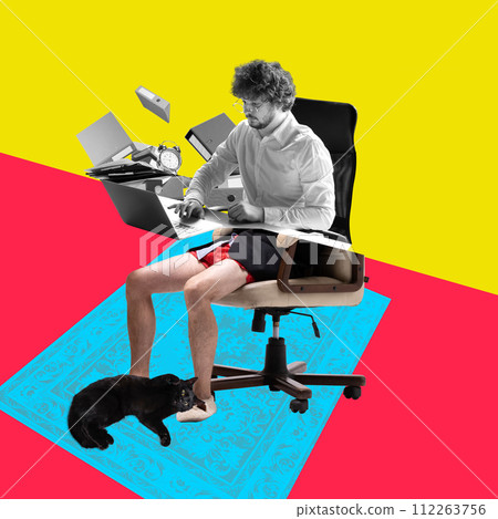 Contemporary art collage. Man in business shirt and boxer shorts works from home, with levitating office items, against colorful, abstract background with cat. 112263756