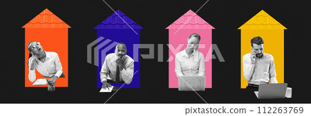 Contemporary art collage. People, employees in colorful houses working online with laptops against black background. Contemporary art collage. People, employees in colorful houses working online with laptops against black background. 112263769