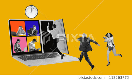Contemporary art collage. People workers running to open door in laptop on which taking place online meeting. Hyrbrid work in office and in distance. 112263773
