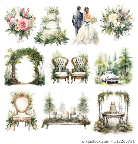 Watercolor forest wedding clipart set. Illustrations for wedding invitation, greeting card, ready to use sublimation design 112263781