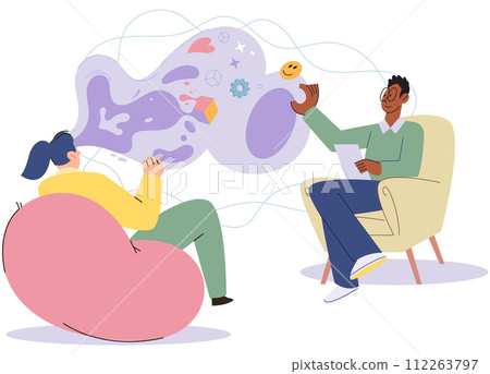 Talk therapy vector illustration. Effective communication between therapist and patient is essential in talk therapy Professionals specializing in talk therapy offer their expertise and guidance 112263797
