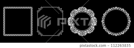 Set of decorative frames Elegant vector element for design in Eastern style, place for text. Floral black and white borders. Lace illustration for invitations and greeting cards. 112263835