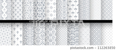 Geometric floral set of seamless patterns. White and gray vector backgrounds. Damask graphic ornaments 112263850
