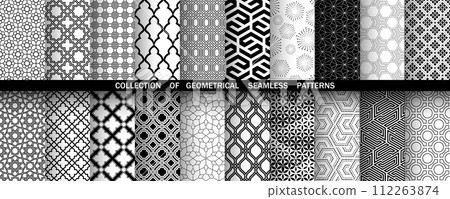 Geometric set of seamless black and white patterns. Simple vector graphics Geometric set of seamless black and white patterns. Simple vector graphics 112263874