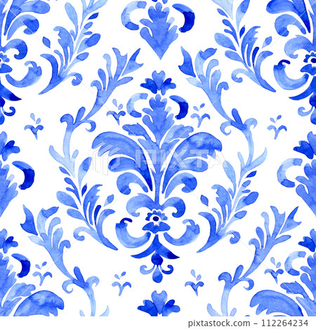 watercolor seamless pattern with blue damask ornament. classic vintage ornament 112264234