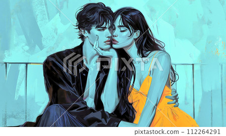 Teal and Orange Graphic of a Young Couple Before the Kiss Teal and Orange Graphic of a Young Couple Before the Kiss 112264291