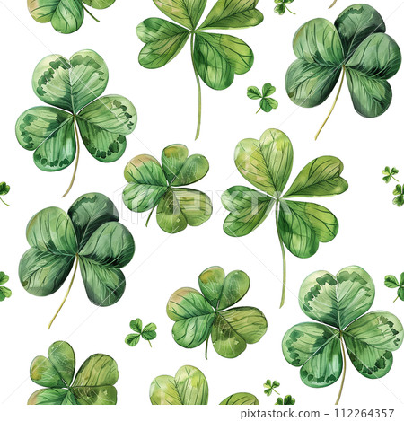 watercolor seamless pattern on the theme of st. patrick's day. green four-leaf clover leaves on a white background. holiday print 112264357