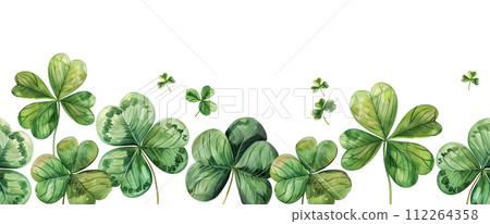 atercolor seamless border, frame of green four-leaf clover leaves. decoration for st. patrick's day. 112264358