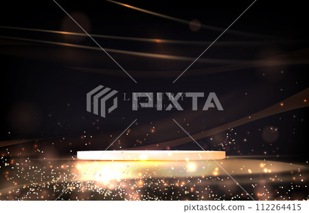 Dark illustration with a bright gold podium and shiny tinsel 112264415