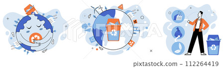 Waste disposal. Vector illustration. Recycling is powerful tool in reducing pollution and conserving resources, as it transforms waste into valuable raw materials for new products The metaphorical 112264419