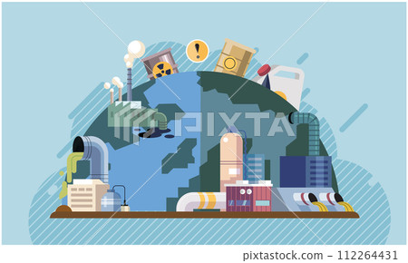 Industrial pollution. Dirty waste. Environmental pollution. Vector illustration. Dirty waste must be processed using environmentally friendly methods Air, water, and soil pollution by industrial 112264431