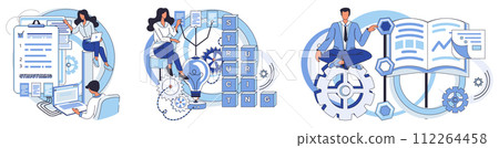Workflow vector illustration. Progress in business is achieved through strategic workflow management The organizations success depends on efficient workflow procedures Efficient workflow management 112264458