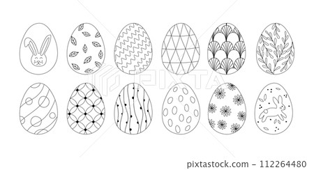 Set of Easter eggs with different patterns, doodle style flat vector outline for coloring book 112264480