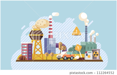 Industrial pollution. Dirty waste. Environmental pollution. Vector illustration. Smokes with smog are causing rise in lung diseases Trash emission must be controlled with better recycling methods 112264552