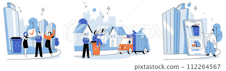 Waste disposal. Vector illustration. Sorting waste is akin to unraveling complexity our consumption habits It involves separating different types waste, such as paper, plastic, glass, and organic Waste disposal. Vector illustration. Sorting waste is akin to unraveling complexity our consumption habits It involves separating different types waste, such as paper, plastic, glass, and organic 112264567