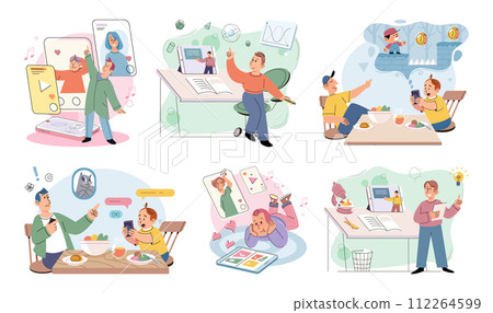 Kids with phone. Vector illustration. The metaphor kids with phones represents integration technology into their lives Electronic gadgets and digital devices have become essential tools for kids Kids with phone. Vector illustration. The metaphor kids with phones represents integration technology into their lives Electronic gadgets and digital devices have become essential tools for kids 112264599