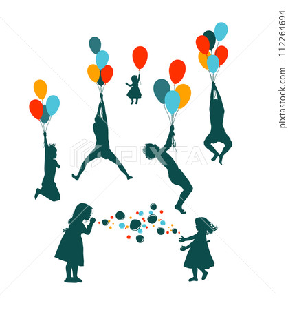 Silhouettes of children flying in balloons. hand drawing. Not AI, vector illustration 112264694