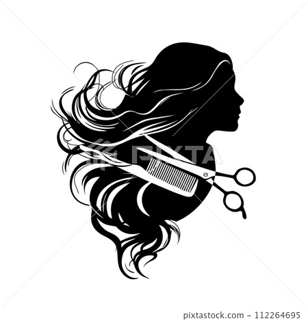 Face silhouette of a beautiful girl with curls of hair. Scissors and comb stylist. Design for hair care hair salon hand drawing. Not AI, Vector illustration 112264695