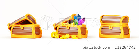 3d set of treasure chest with open and closed lid. Empty and full wooden box with gold coins, gemstones and skull. Cartoon isolated game ui render icons, pirate loot, trophy or reward. 3D illustration 3d set of treasure chest with open and closed lid. Empty and full wooden box with gold coins, gemstones and skull. Cartoon isolated game ui render icons, pirate loot, trophy or reward. 3D illustration 112264742