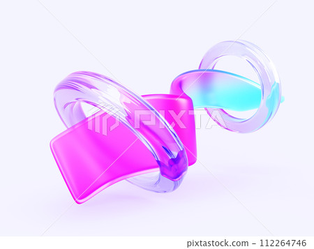 Glass translucent ribbon with crystal rings, abstract background 3d render. Rainbow wave tape or liquid water flow with hologram circle geometric shapes and pink blue gradient texture. 3D illustration 112264746