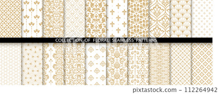 Geometric floral set of seamless patterns. White and gold vector backgrounds. Damask graphic ornaments 112264942