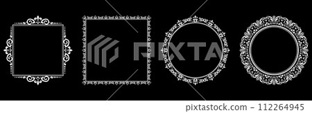 Set of decorative frames Elegant vector element for design in Eastern style, place for text. Floral black and white borders. Lace illustration for invitations and greeting cards. Set of decorative frames Elegant vector element for design in Eastern style, place for text. Floral black and white borders. Lace illustration for invitations and greeting cards. 112264945