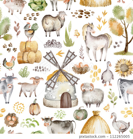 Farm animals watercolor seamless pattern. Cute cow, goose and horse cartoon nursery. Illustration of haystack harvesting. Hand drawn child background. Childish fabric farmland. 112265005