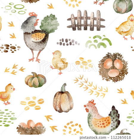 Farm animals watercolor seamless pattern. Cute cow, goose and horse cartoon nursery. Illustration of haystack harvesting. Hand drawn child background. Childish fabric farmland. Farm animals watercolor seamless pattern. Cute cow, goose and horse cartoon nursery. Illustration of haystack harvesting. Hand drawn child background. Childish fabric farmland. 112265018
